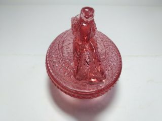 Vintage frosted pink depression glass candy dish with 2 love birds on lid 2
