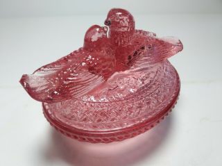 Vintage frosted pink depression glass candy dish with 2 love birds on lid 3
