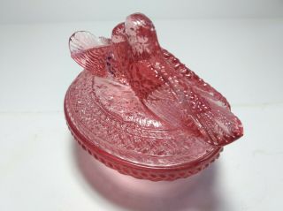 Vintage frosted pink depression glass candy dish with 2 love birds on lid 4