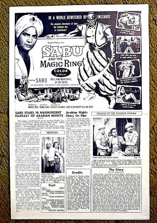 " Sabu And The Magic Ring " / & Uncut 1957 Pressbook - Magnificent Fantasy