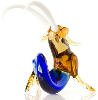 Brown Blue Capricorn Figurine Blown Glass " Murano " Art Animal Zodiac Miniature