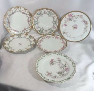 6 Antique Theodore Haviland Plates Pink Roses Gold France Green 8 1/2”