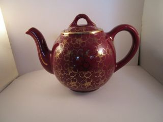 Vintage Hall China Co French Gold Flower Burgundy 12 Cup Teapot Tea Pot