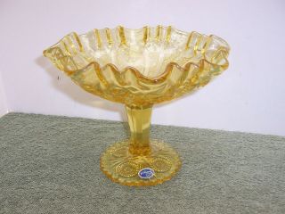 Vintage Imperial Glass Yellow Hobstar Pattern Footed Compote Ruffled Edge 9 "