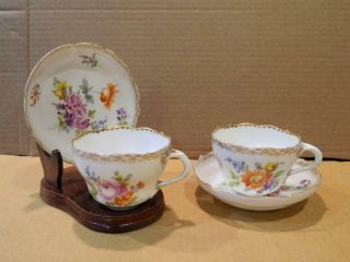 2 Rk Dresden Flowers Demitasse Cups & Saucers Scalloped Edge Gold Trim [a]