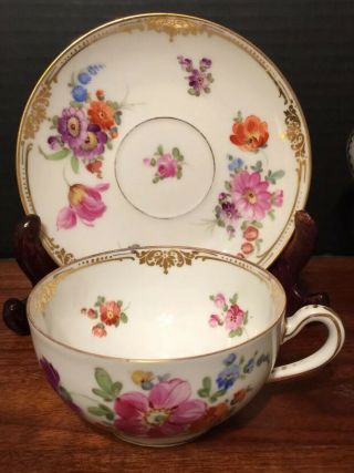Antique Dresden Hand Painted Cup & Saucer Different Flowers Set A
