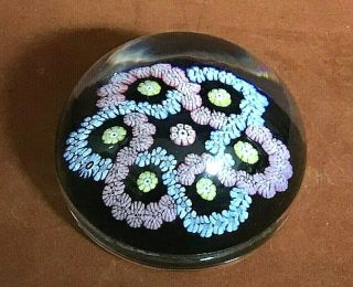 Vintage Art Glass Millefiori Style Paperweight Pink,  Yellow,  Blue Floral Design
