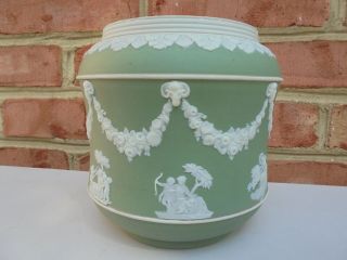 Unusual Vintage Wedgwood Jasperware Sage Green Screw Top Biscuit Jar