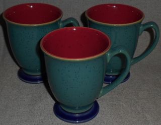Set (3) Denby Harlequin Pattern Red/green/blue Footed Mugs Made In England