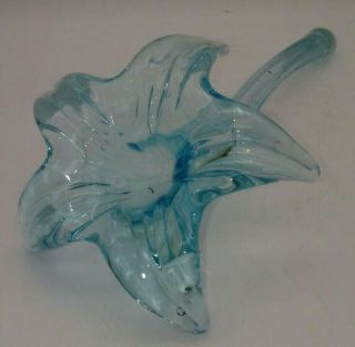 Aqua Stem Flower Horizontal Glass Trumpet Vase Murano Mcm Hand Blown Crystal Art