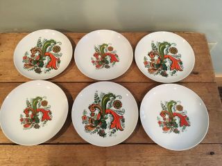 Vintage Berggren Swedish China Set Of 6 Salad Plates 7 1/2” Rosemaling Design