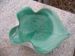 Vintage Murano Glass Candy Dish Bowl Aqua Green W/ Gold Swirls Flecks