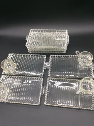 Vtg 50s Hazel Atlas Ribbed Glass 8 Lunch - In Trays 4 Cups With Ashtray Section