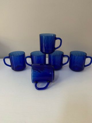 Vintage Arcoroc France Cobalt Blue Swirl Glass Handled Mugs (set Of 6)