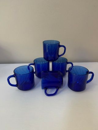 Vintage Arcoroc France Cobalt Blue Swirl Glass Handled Mugs (Set of 6) 3