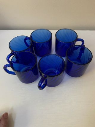 Vintage Arcoroc France Cobalt Blue Swirl Glass Handled Mugs (Set of 6) 5