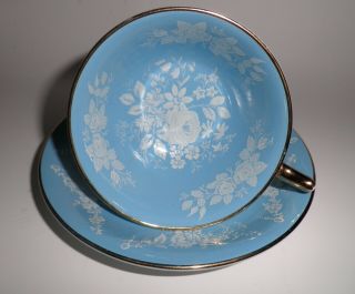 Vintage Aynsley England Cup Saucer Turquoise Blue Roses Gold -
