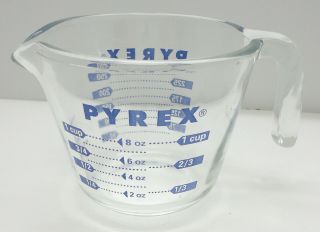 Vtg Pyrex Glass Measuring Cup 1 Cup 8oz.  Blue Writing CORNING Open Handle 3
