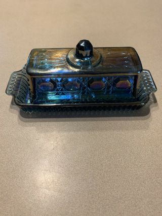 Vintage Indiana Iridescent Blue Carnival Glass Butter Dish Windsor Pattern