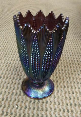 1970s Vintage Le Smith Carnival Glass Vase Amethyst Purple Glass Hobnail Fan