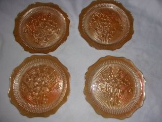 4 Iridescent Marigold Iris Herringbone Jeanette Carnival Glass Dinner Plates 9.  5