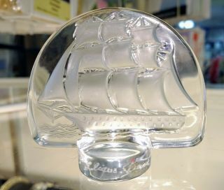 Lalique France Signed Crystal Etched Schooner / Clipper / Ship Cachet