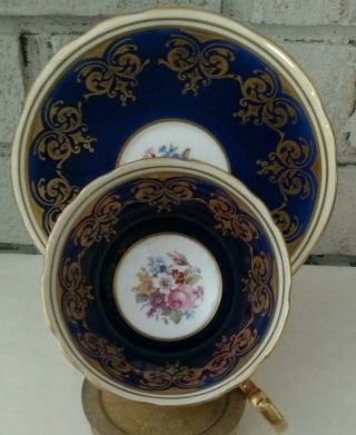 Aynsley Pink Cabbage Rose Bouquet On Cobalt Blue W/ Gold Cup & Saucer