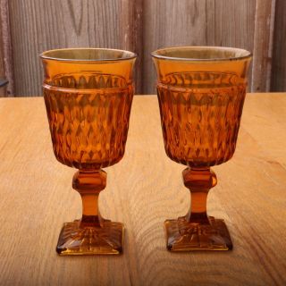 2 Indiana Glass Company Mt.  Vernon Amber Glass Goblets Wine Water
