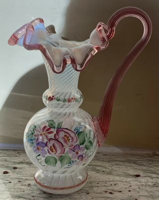 Fenton French Opalescent Spiral Optic Hp Pitcher Rose Handle 8.  5 " 1996 Signed
