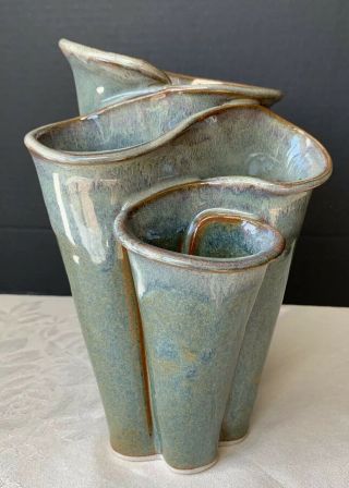 Vintage Bay Stoneware Pottery Vase Utensil Holder Earthen Green Blue Teal Heavy