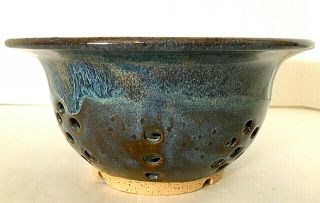 Studio Pottery Colander Blue 3.  5 " H 7.  25 " Diam Hand Thrown Stoneware Strainer Euc