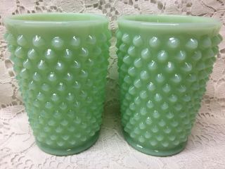 Jadeite Hobnail Pattern Glass Tumblers Cups Goblet Jade Green Milk Set 2