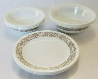 Corelle Corning Woodland Brown 3 Bread Plates 3 Berry Bowls 2 Cereal Bowls