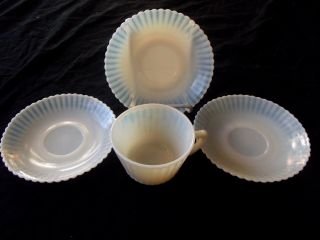 1 Tea Cup & 3 Saucers,  Macbeth Evans Petalware Cremax Cream Opalescent Glass