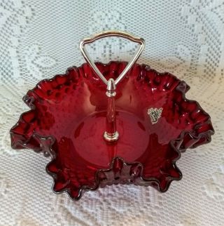 Vintage Fenton Ruby Red Amberina Hobnail Handled Ruffled Candy Bonbon Dish 8 "