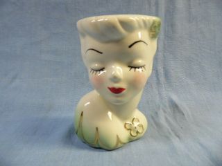 Vintage Glamour Lady Head Vase Wall Pocket In Light Green W/ Gold Trim