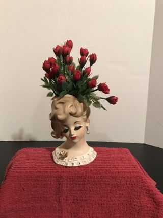 Vintage Lady Head Vase With Red Rose Buds - Japan - National Potteries