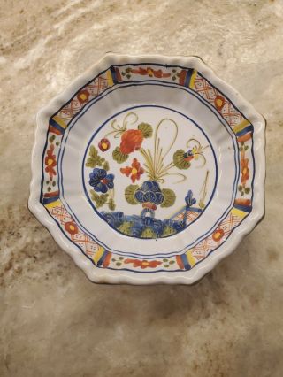 Italy Faience Faenza Pottery Blue Carnation 4 Octagon Scalloped Dessert Bowls