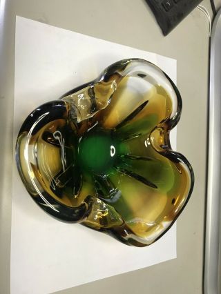 Vintage Murano Art Glass Ashtray Green And Brown 7”x3”