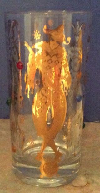Vintage Culver Mardi Gras Tumbler Drinking Glass Gold Harlequin Jeweled Jester 6