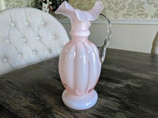 Fenton Glass Rose Overlay Melon Pitcher Vase Tri - Fold Top Crimped Handle 8.  5” H