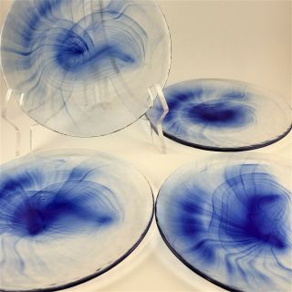 Hand Blown Cobalt & Clear Swirled Glass Plates Set Of 4