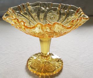 Vtg Imperial Glass Amber Hobstar Pattern Footed Compote Ruffled Edge 9 " Diameter
