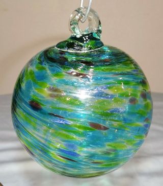 Kitras Art Glass Ornament Suncatcher 4 " Blue Green Swirl Orb Ball