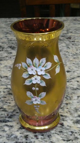Antique Bohemian Cranberry Gilt Glass Vase With Applied Pansies 7 Inches Tall