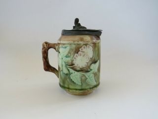 Antique Majolica Syrup Jug With Pewter Lid And Flower Decoration