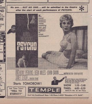 Large 1960 Newspaper Ad For Hitchcock Movie Psycho - Janet Leigh,  A.  Perkins