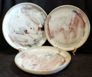 Studio Art Pottery Plates Set Of 3 Signed Hand Thrown Red Blue Beige