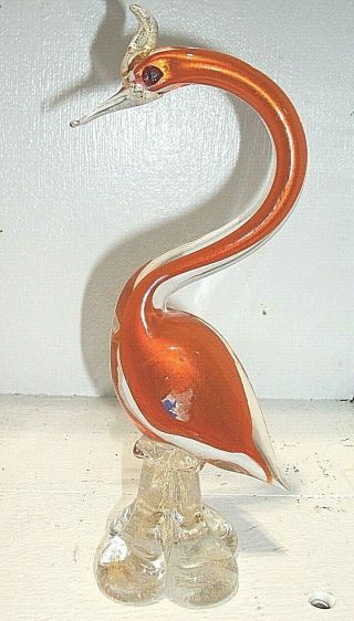 Vintage Murano Art Glass Crane Egret Huron Bird Figure 9.  5 " Orange Golden Hue