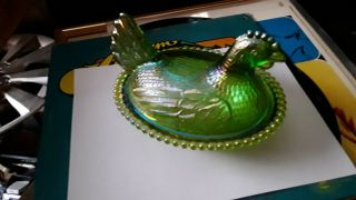 Green Vaseline Glass Hen Chicken On Nest Basket Candy Dish Gold Tone Trim